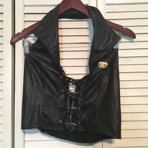 Faux Leather Black Biker Halter Top with Buckles